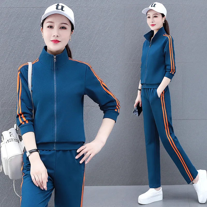 

Pure Cotton Sportswear Women's 2021 New Suit Open Front 2PCS Set Color Stripe Fashion Large Size Running Casual Wear