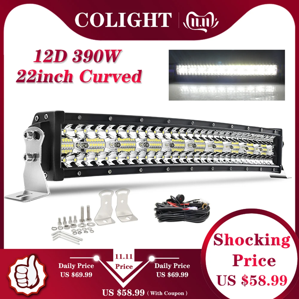 CO светильник 12D 22 дюймов Led бар внедорожный 390 Вт изогнутый 3-рядный точечный прожектор комбинированный светодиодный рабочий светильник для Лада УАЗ внедорожник 4WD ATV 12V 24V