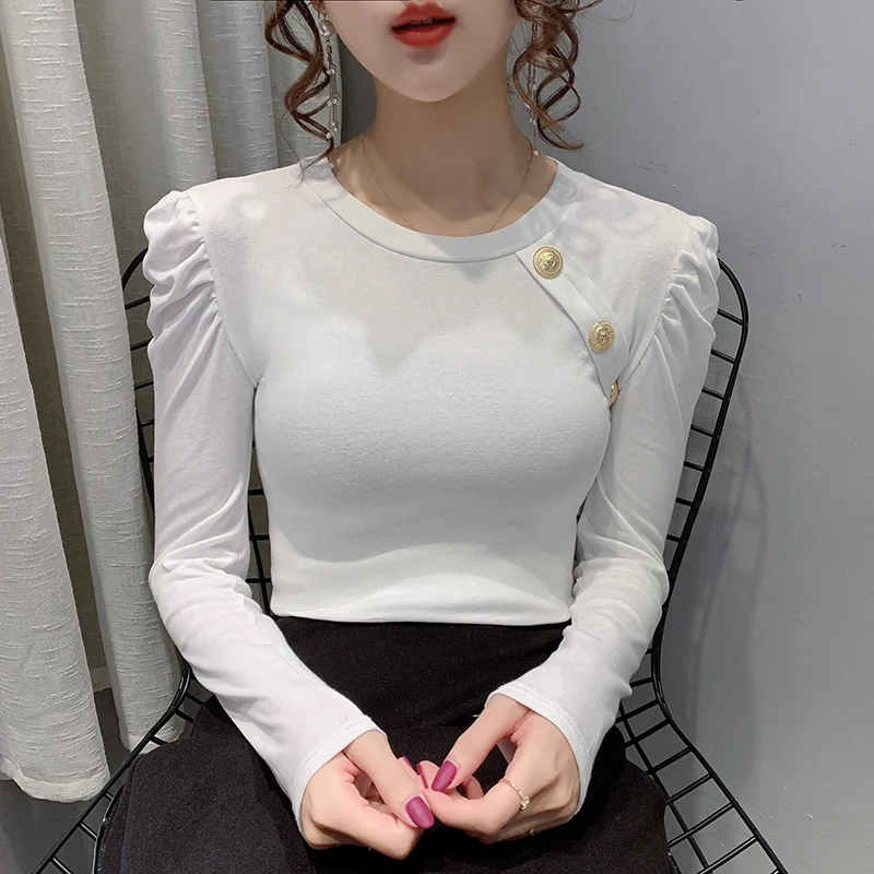 

Spring Harajuku T-Shirt Women Korean Style Sexy Puff Sleeve Button Cotton Tees Mujer Camisetas Bottoming Shirt Tops 2020 T07704