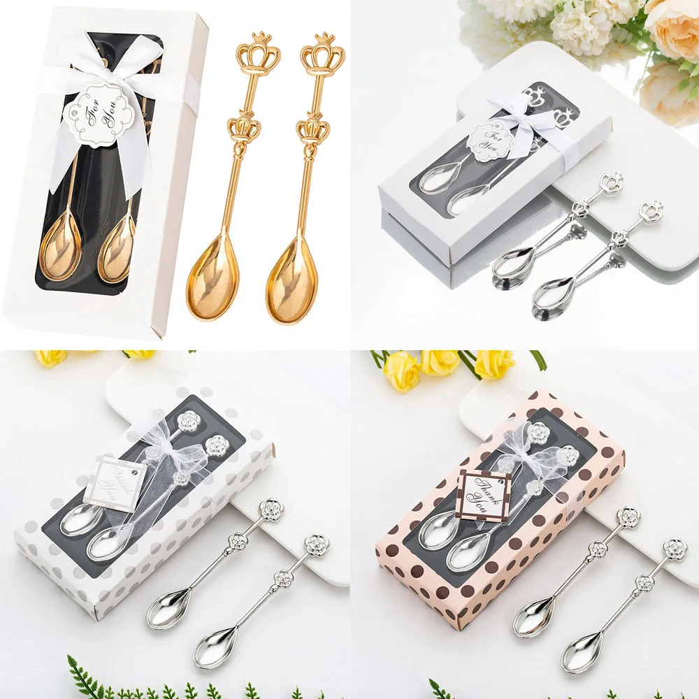 

2 Pcs/Set Gold Crown Rose Metal Coffee & Tea Spoon Set Gift for Wedding Party Baby Shower Guests Gift Souvenir