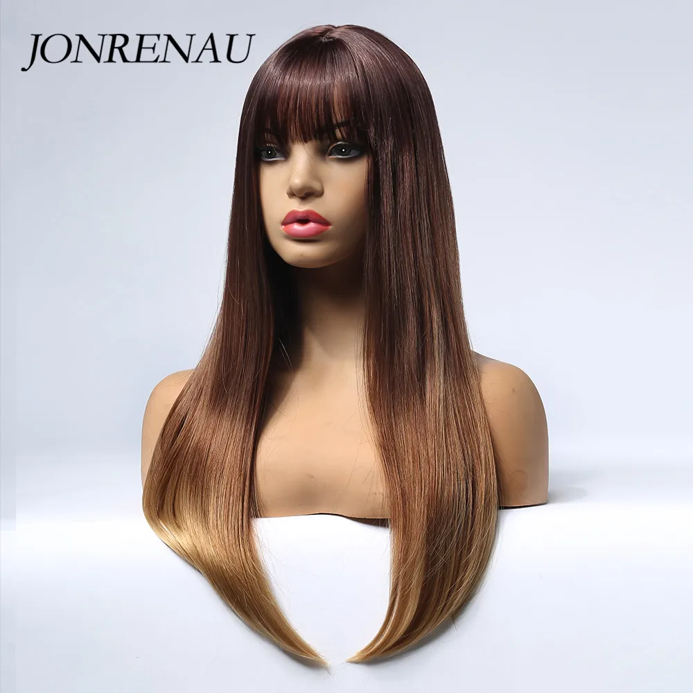 JONRENAU длинные шелковистые прямые парики с челкой синтетические Омбре коричневые