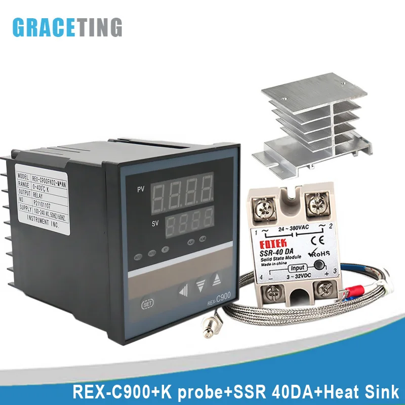 

REX-C900 Digital PID Temperature Controller Thermostat + SSR 40DA/Relay Output + K Thermocouple 1m Probe +Heat Sink