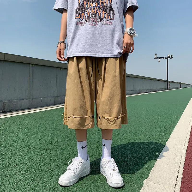 

Summer Shorts Men's Fashion Black Khaki Casual Shorts Men Streetwear Korean Loose Straight Wide-leg Five-point Pants Mens M-3XL