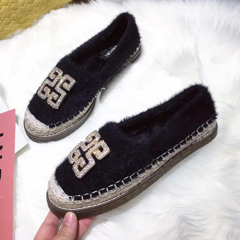 Меховые лоферы Женские эспадрильи на плоской подошве Брендовая Дизайнерская