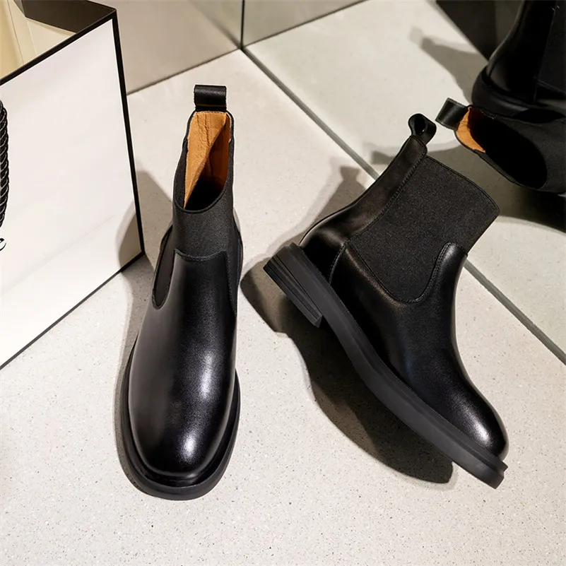 

ANNYMOLI Women Chelsea Boots Shoes Real Leather Platform Mid Heel Ankle Boots Block Heels Slip On Short Boots Autumn Brown 40