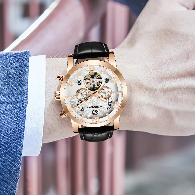 Часы наручные Forsining мужские с ремешком из натуральной кожи роскошные деловые