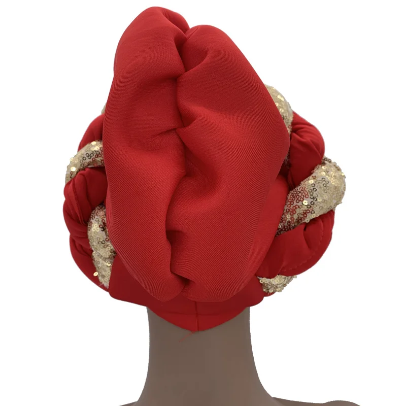 

2021 Fashion African Auto Gele Headtie Sequins Braids Women's Turban Cap Muslim Headscarf Bonnet Ready to Wear Hijab Wedding Hat