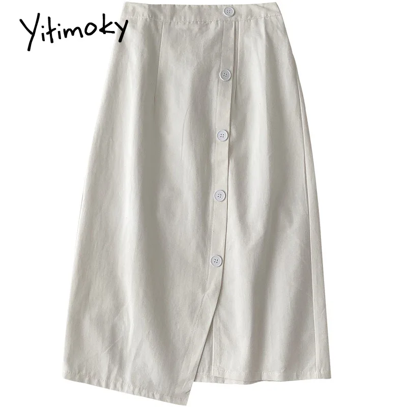 

Yitimoky Asymmetrical Black Skirt Womens 2021 Spring Korean Fashion Harajuku Button Vintage Casual High Waist A-Line Midi Skirts