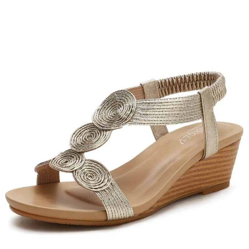 

2021 Roman Slope Heel Sandals Summer Word with Comfortable Casual Large Size Women's Shoes Mid-heel Bohemian Leather Shoes