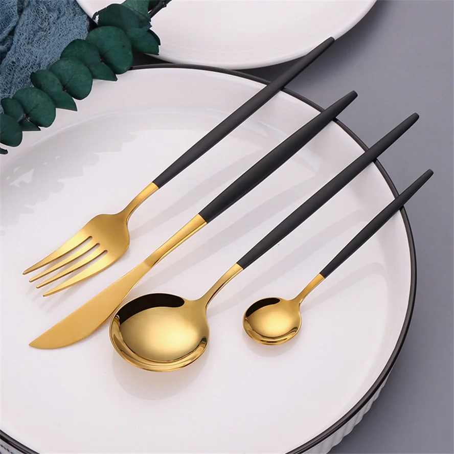 

Gold Stainless Steel creative Tableware Set Black Dinnerware Set Luxury Cutlery Reusable combination Flatware Kitchen Utensils