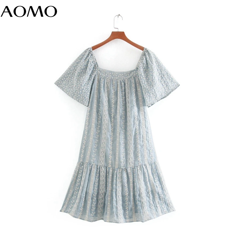 

AOMO 2020 fashion women flowers embroidery dress short sleeve females vintage cotton sundress CE463A