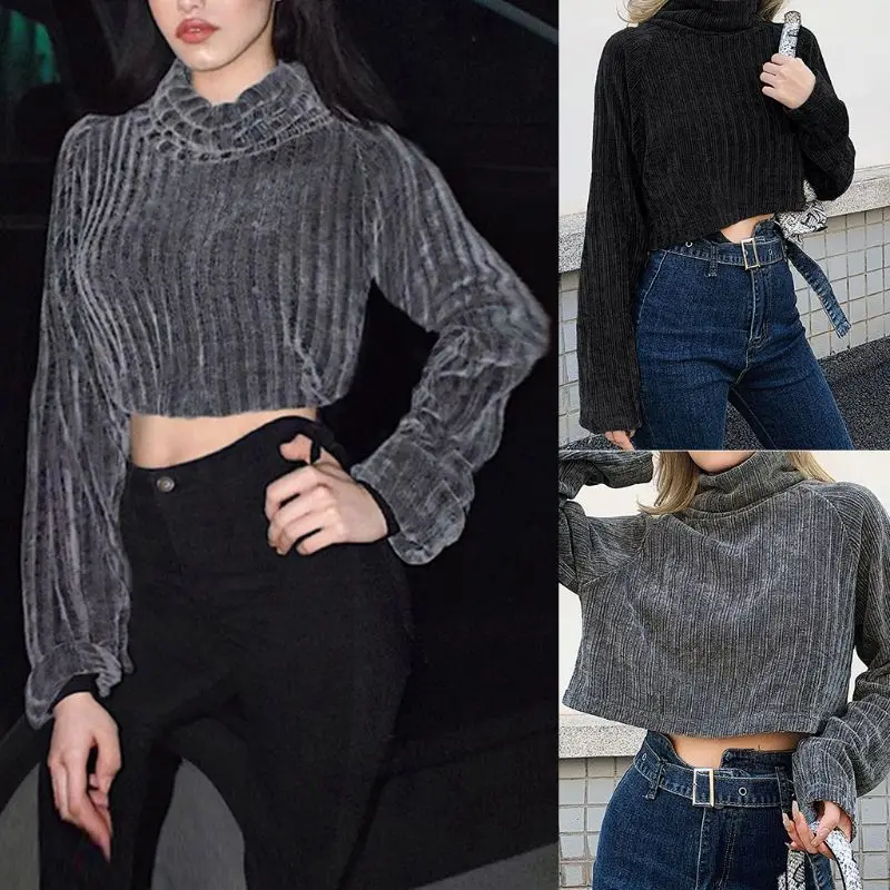 

Женский укороченный свитер с длинным рукавом, свободный трикотажный джемпер в рубчик с высоким воротником, пуловер в Корейском стиле, Осень...