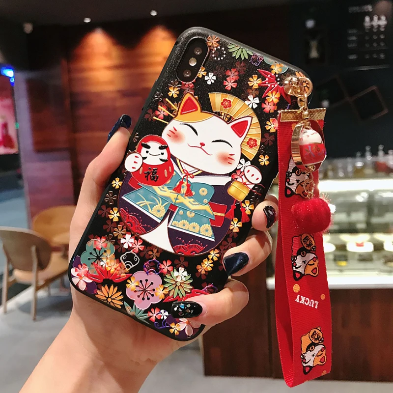 В японском стиле Lucky Cat 3D телефона с тиснением и изображением чехол для Samsung S10e S8 9 10