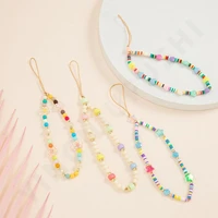 acrylic soft ceramic colored beads phone chain designed rainbow stripes flowers beaded lanyard wholesale jewelry for girls
