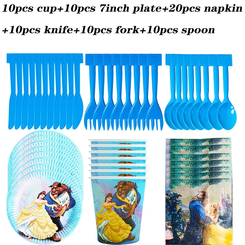 

Disney Princess Beauty And Beast Cartoon Theme Party Disposable Tableware Set Paper cups plates Baby Shower Birthday Party Decor