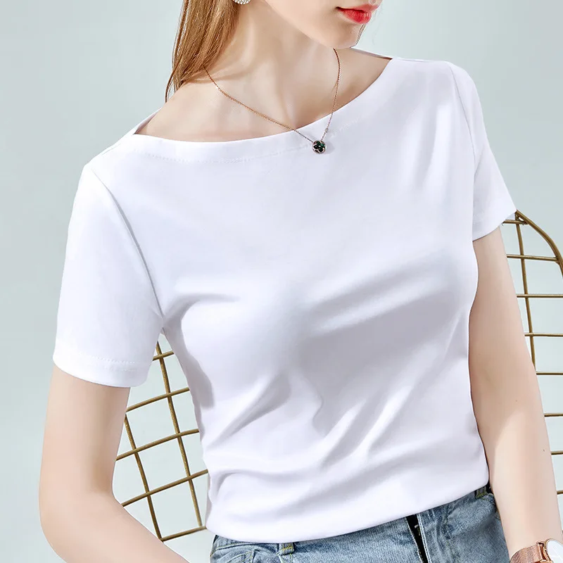 

Mercerized cotton short sleeve T-shirt women's 2021 summer new ice feeling T-shirt one shoulder solid color top