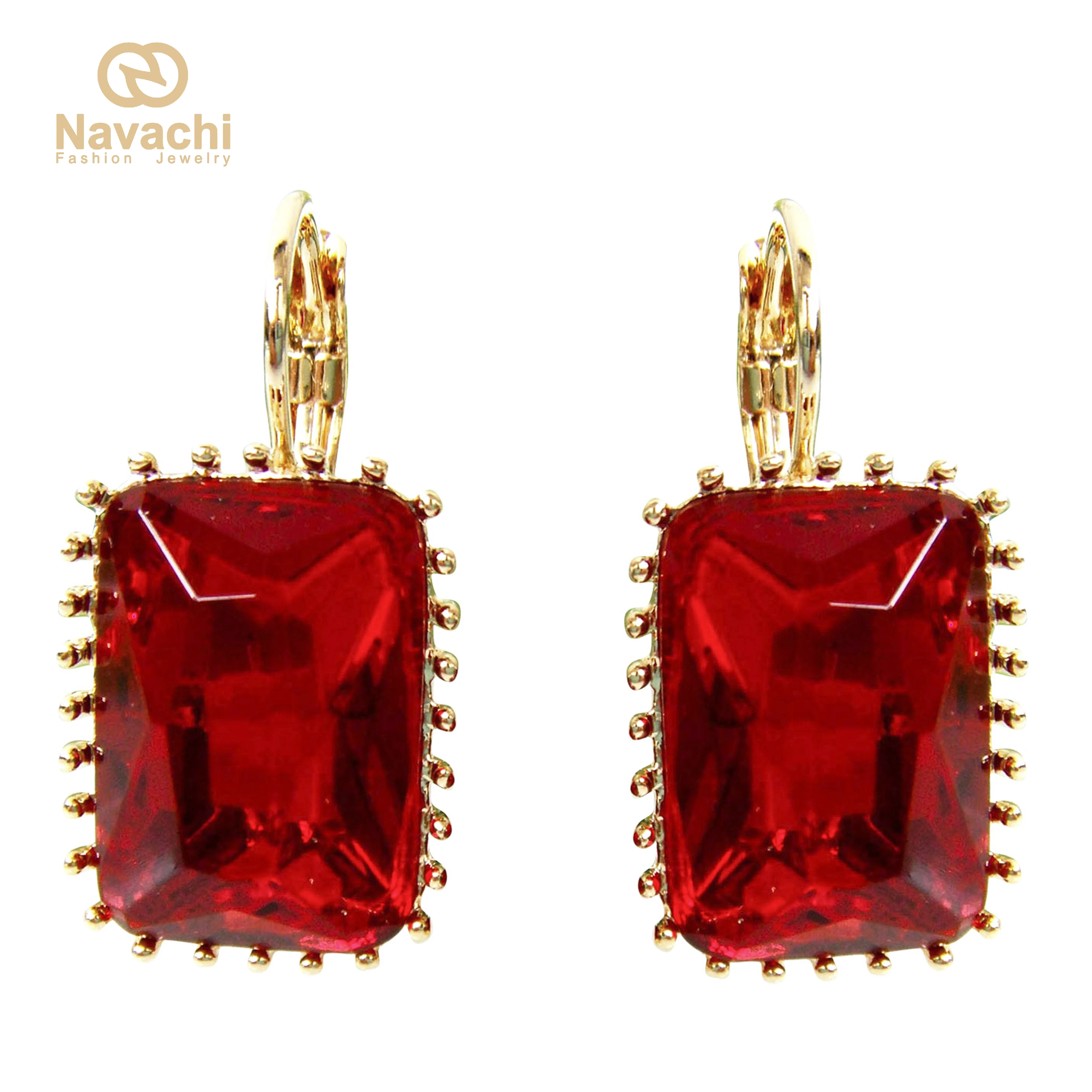 Квадратные серьги Navachi с красным кубическим цирконием и кристаллом желтая кожа GP