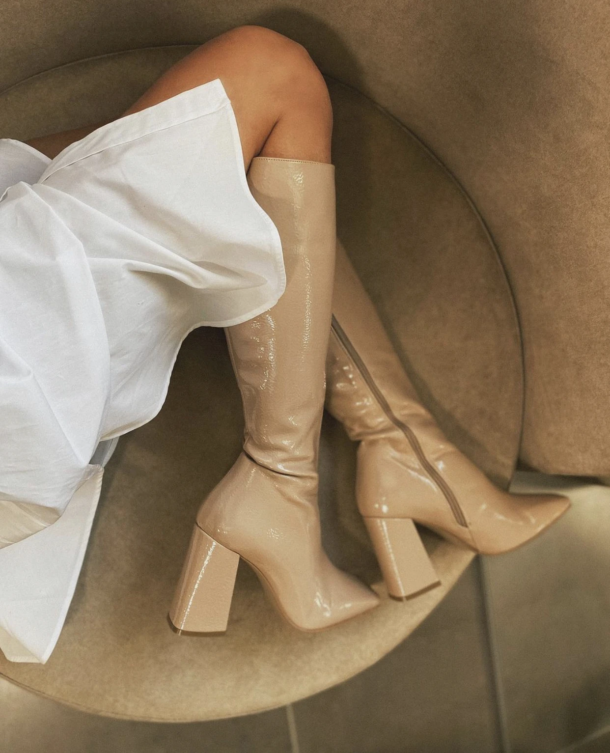 

Women's Knee High Black Beige Winter Rain Boots Leather White Heels Platform Designer Shoes Lolita Gothic Female Chunky Thigh Hi