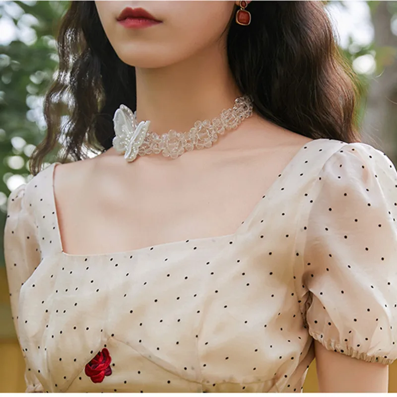 

Vintage Square Collar Lace-up Waist Polka Dot Rose Embroidery Summer Girl Vacation Dress 2020 New Women Holiday Dresses