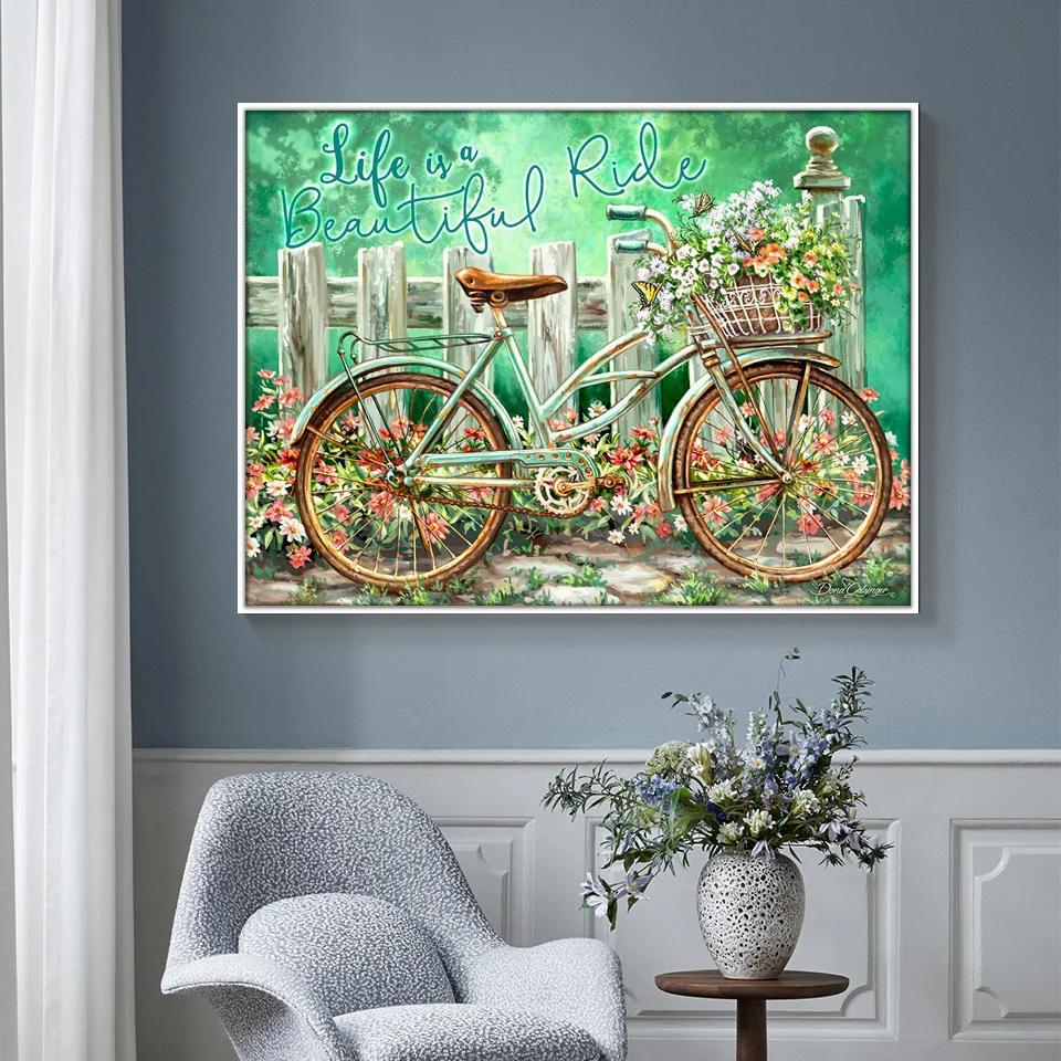 Полноразмерная 5D картина сделай сам из страз велосипед и цветок 3D вышивка