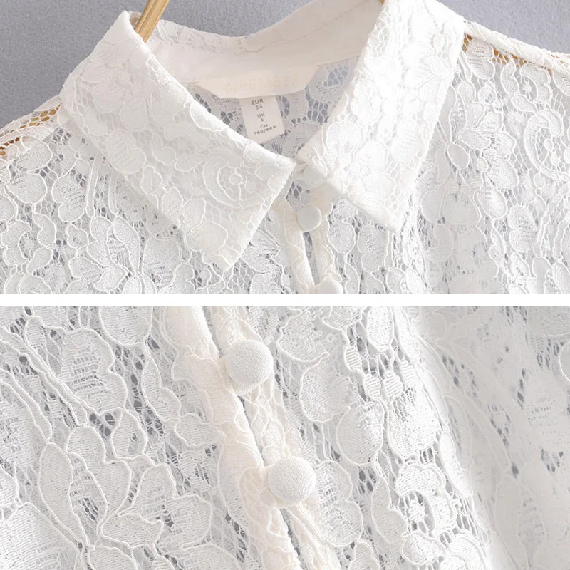 

White Women Lace Blouse Casual 2020 Spring Summer Turn down collar Buttons Female Shirt Tops Sexy Sheer Chic Newest YNZZU YT834