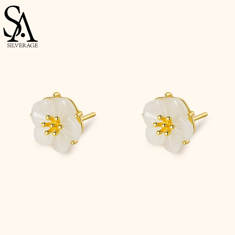 

SA SILVERAGE Natural Jade Earrings Camellia Earrings S925 Silver White Flower Jewelry 2021 New Trendy and Fresh Gift Camellia