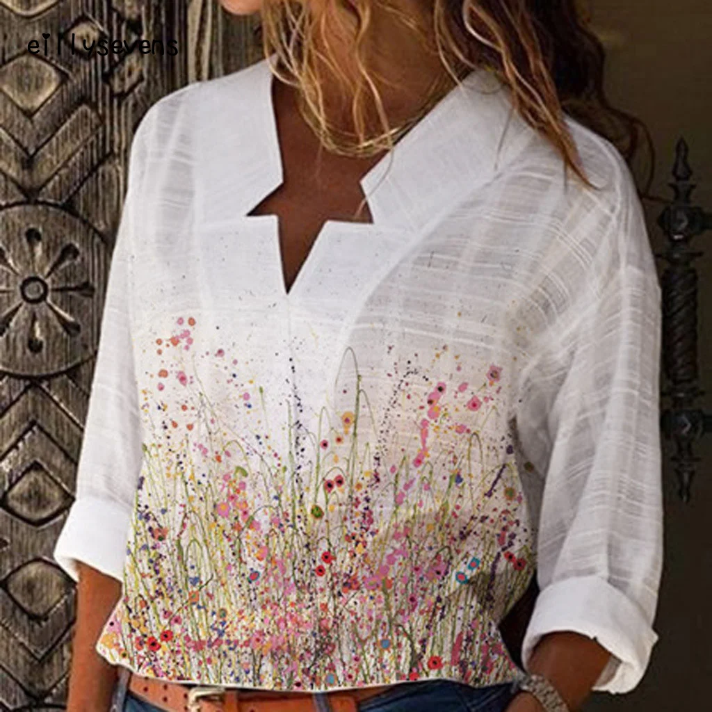 

Shirts Women Printing V Neck Long Sleeve Cotton Linen Shirts Casual Blouse Tops Blusas Femininas Clothing Femmes Manteaux#LJC