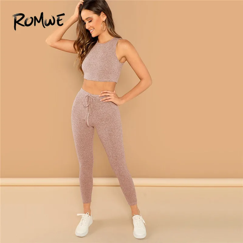 Romwe Спорт Серый шнурок Heathered из двух частей женский вязальный резервуар укороченный топ и леггинсы женские спортивные костюмы тренажерный зал обучение 2 шт