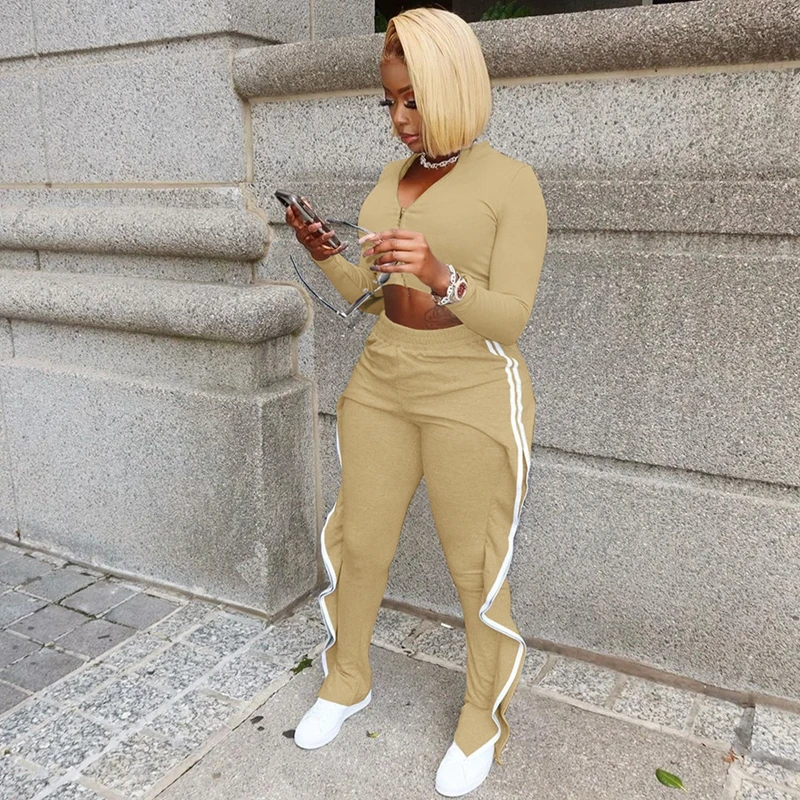 

TNNAOFF Fall Two Piece Set for Woment Tracksuit Long Sleeve Zip Tops Sexy Irregular Hemming Pants Lounge Wear Matching Sets