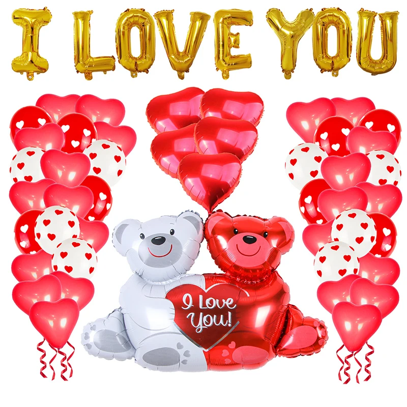 Globos de aluminio con forma de coraz&oacute;n, conjunto de globos de amor y oso para decoraci&oacute;n de propuesta de boda, decoraci&oacute;n del D&iacute;a de San Valent&iacute;n y aniversarios-3