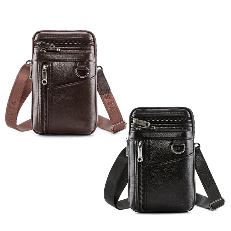 

YIANG Brand Leather Mobile Phone Pockets Men's Business Casual Wear Belt Vertical Multi-Function 7Inch Crossbody Small Bag