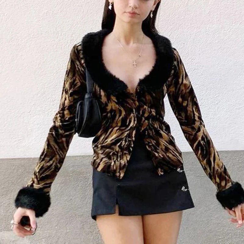 

Hirigin 2021 Autumn Women Button Down Shirt Sexy Long Sleeve Zebra Print Tops with Faux Fur Collar Tops Y2k Harajuku Streetwear
