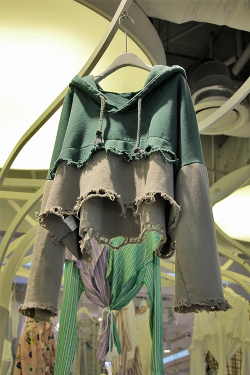 

Korean Fashion 2021 Spring New Long Raglan Sleeve Pullover Hooded Sweater Punk Chic Women's Worn High Waist Crop Tops Female