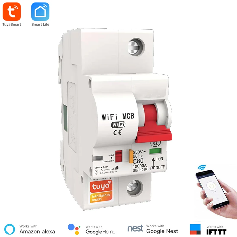 1P 80A Смарт-выключатель Tuya 80A 1 P/2 P/3 P/4 P WiFi Смарт-выключатель автоматический переключатель защита от перегрузки короткого замыкания Alexa - Комплект: 1P 80A