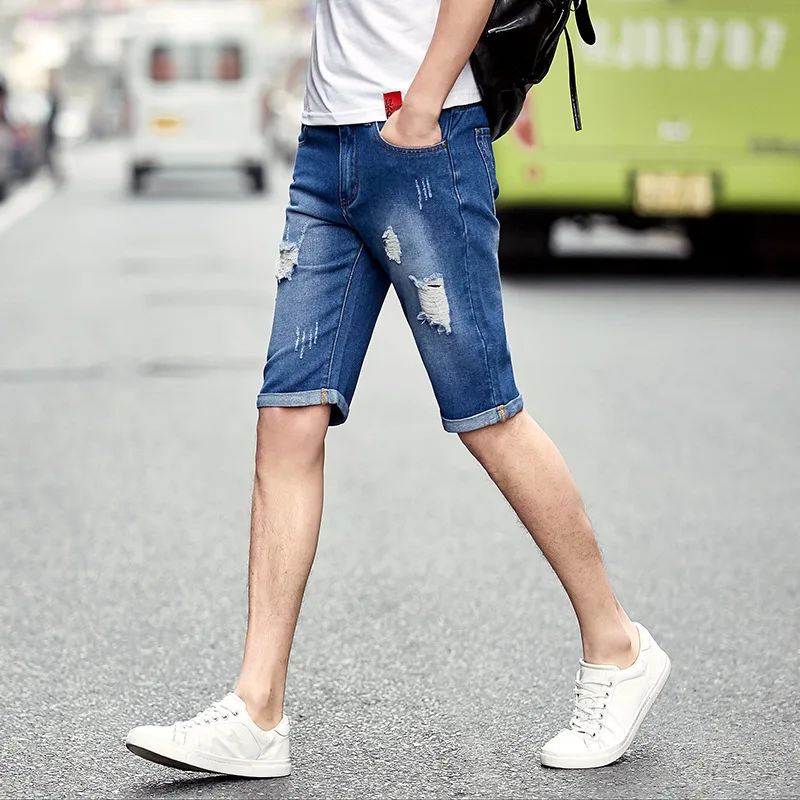 

2020 New Summer Mens Denim Shorts Hole Ripped Cowboy Streetwear Big Boy Knee Length Slim Fit Short Jeans Size 28-36 Casual Pants