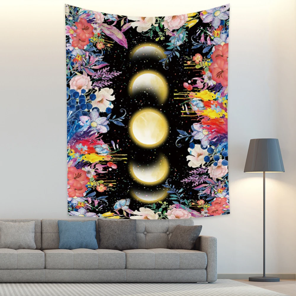 

Laeacco Garden Moon Phase Tapestry Retro Black Flowers Printing Wall Hanging Home Living Room Bedroom Decor Blanket Polyester