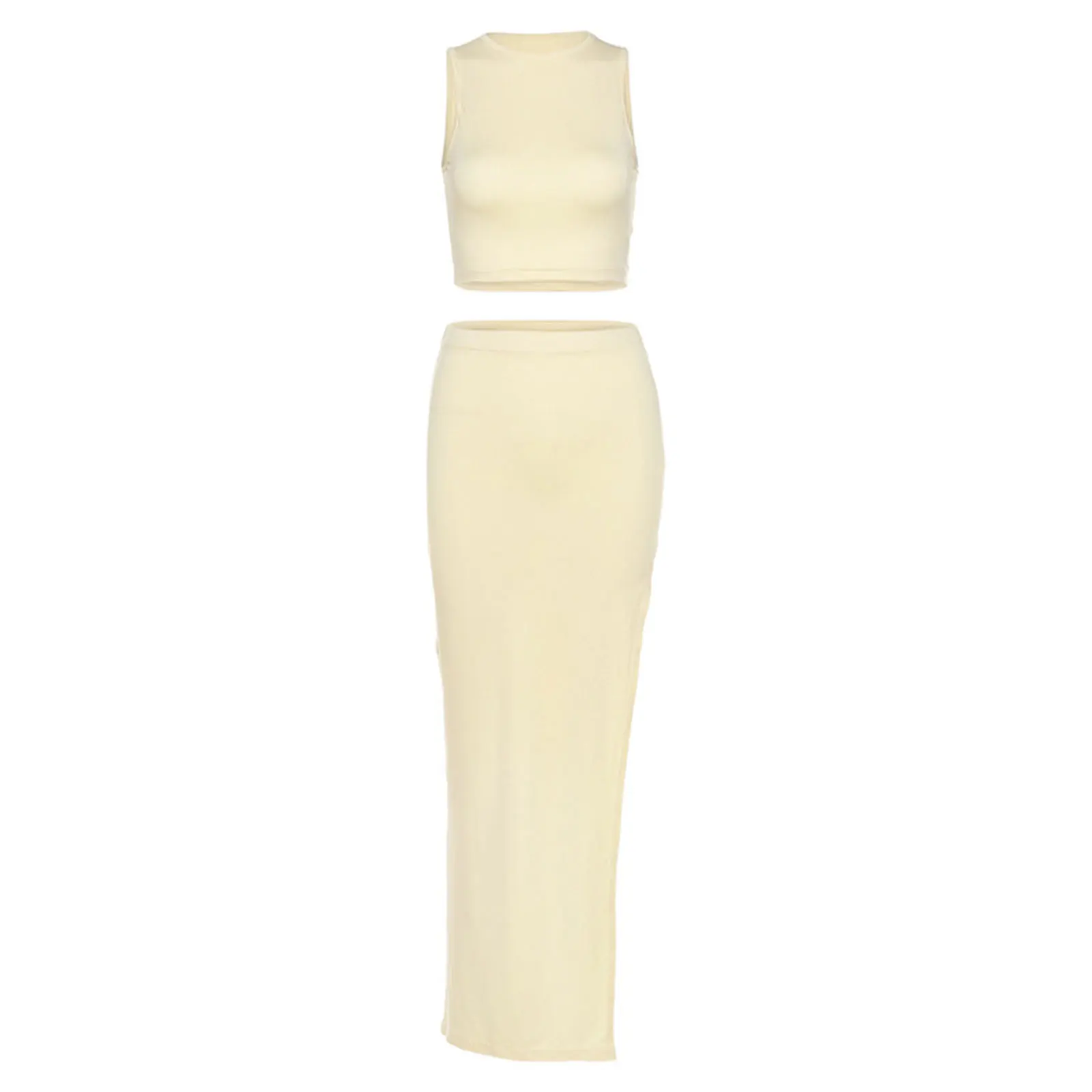 

Women Sexy Two-piece Clothes Set, Solid Color Round Collar Vest and High Waist Split Long Slit Skirt