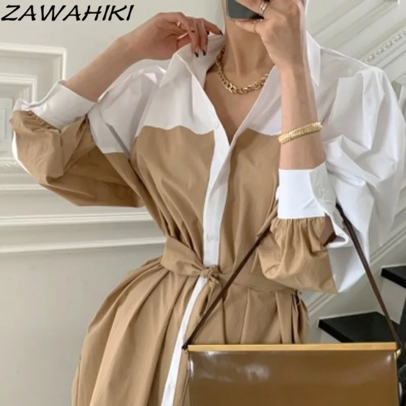 

Zawхитки женские платья в стиле ретро контрастные цветовые строчки с длинным рукавом А-силуэт модное офисное женское свободное платье с отло...