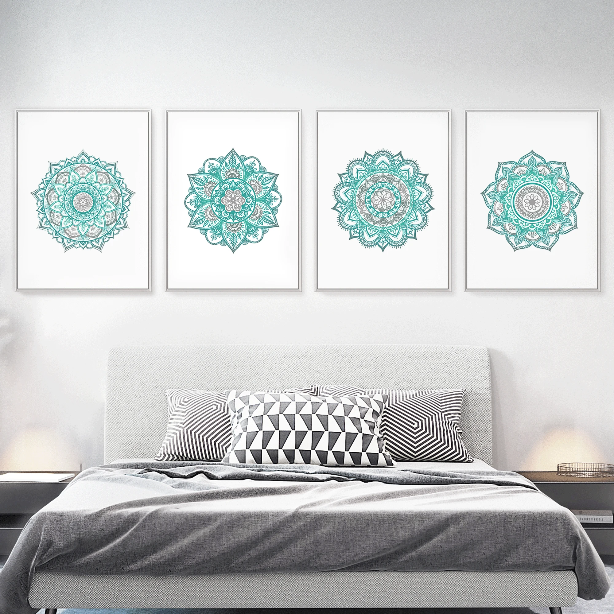 

Mandala Wall Art Canvas Painting Teal Gray Posters Bohemian Pictures Abstract Prints for Bathroom Bedroom Living Room Home Decor