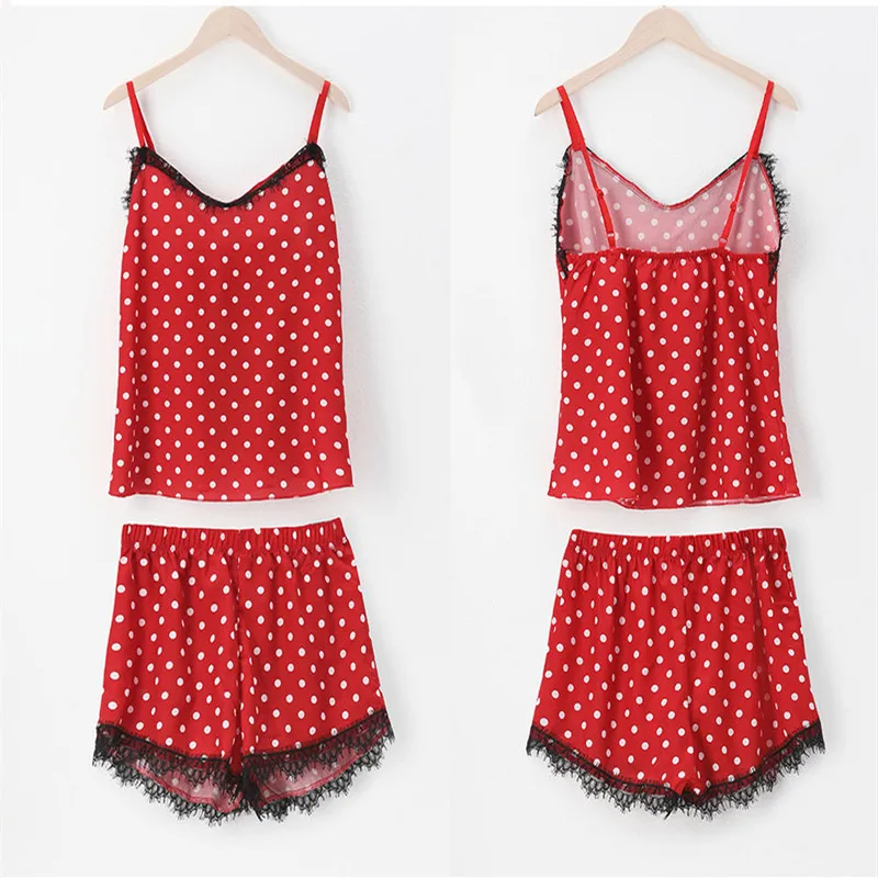 

Women Lace Polka Dot Print Sleepwear Two-piece Set V-Neck Sexy Lingerie Pijamas Homewear Underwear Womens Nightwear Pants