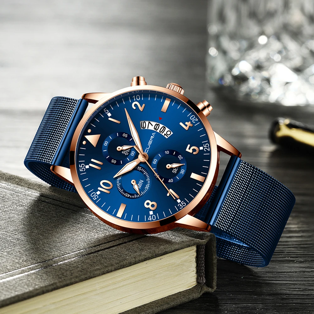 CUENA Креативный дизайн часы Мужские Роскошные Кварцевые наручные с нержавеющей