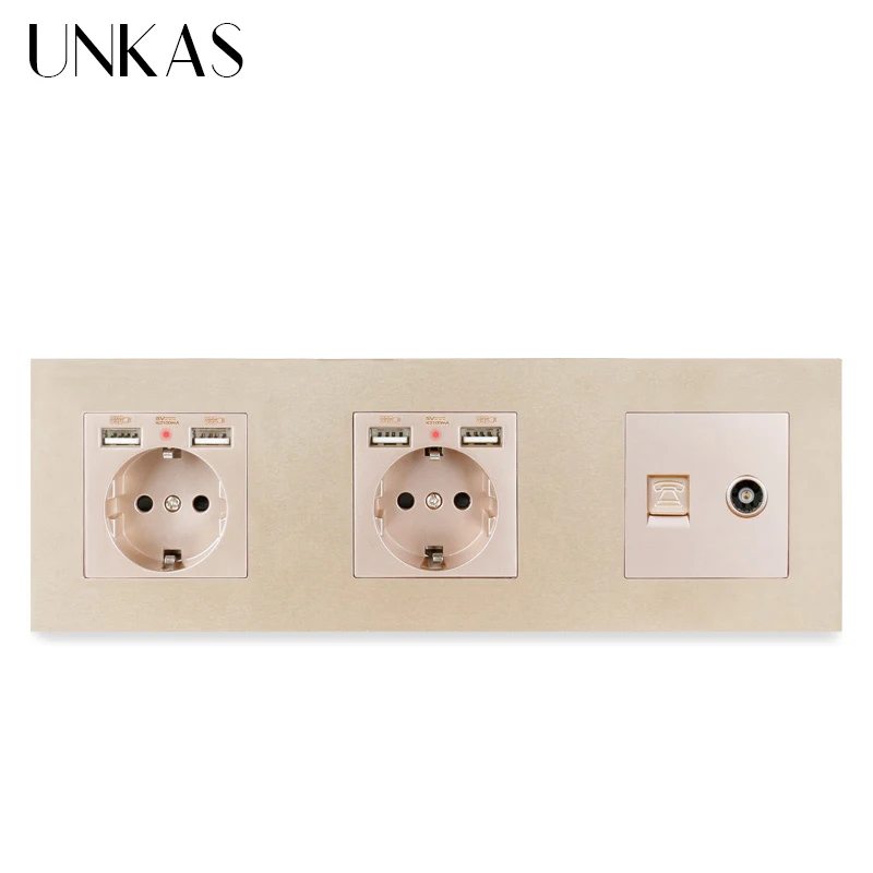 UNKAS Европейская стандартная черная пластиковая двойная розетка с 4 USB портами для