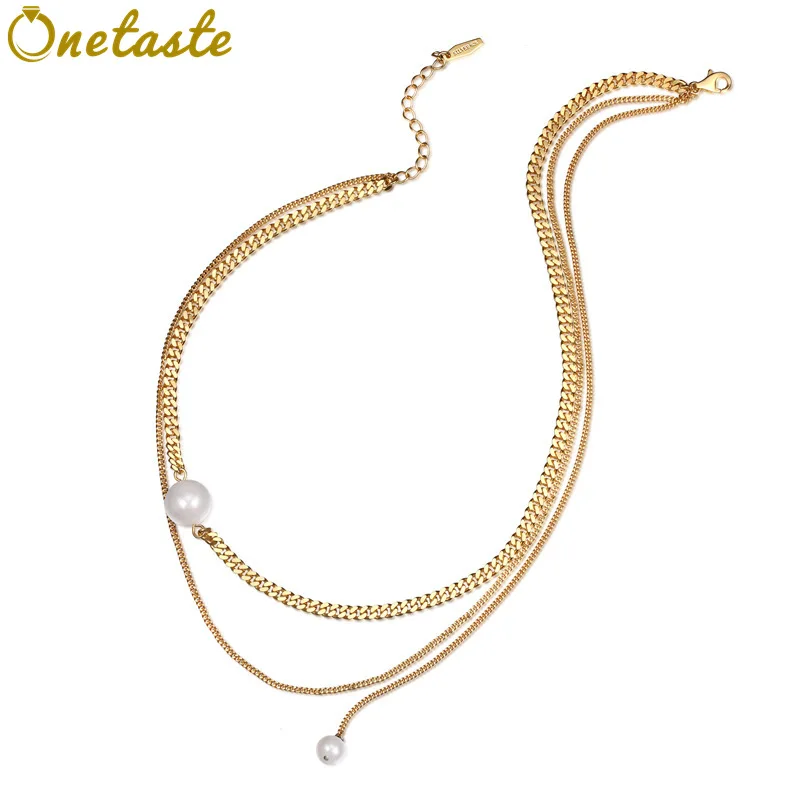 

S925 Silver Gold Plated Double Chain Pearl Chokers Necklace Rock Hip Hop Cool Girl Women Clavicle Necklaces New Trend Gift Party