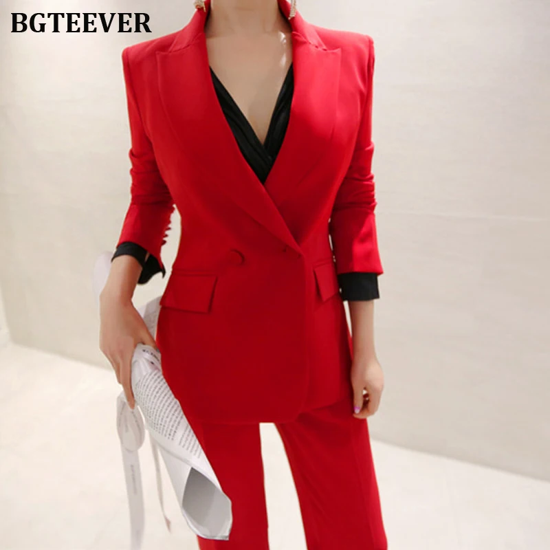Модные красные женские брюки костюмы Тонкий Блейзер куртка и длиной до щиколотки