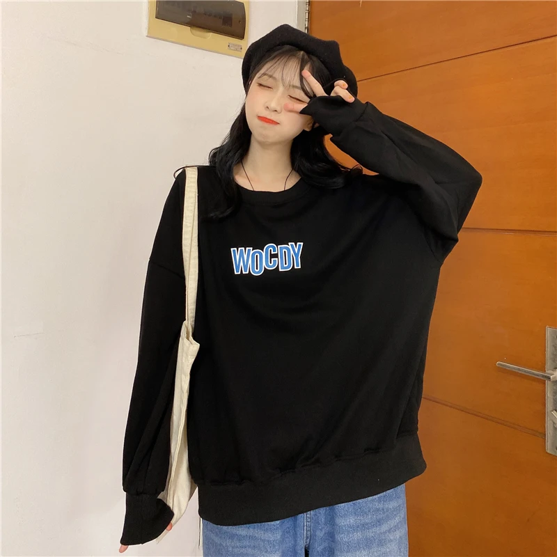 

CN 2021 Sweatshirt Women Spring Autumn Casual Japanese Cartoon Print Sweatshirt Korean Loose O Neck Kawaii Women Sweatshir