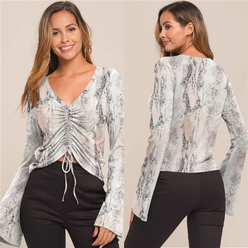 

OL Women Sexy Long Flare Sleeve Shirt Blouses Clubwear 2020 New Snake Skin Print Shirt Crop Top Lace-up Slim Summer V-neck Shirt