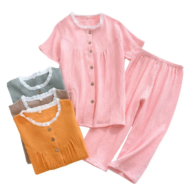 

Spring Summer Ladies Soft Cotton Simple Style Short Sleeve+Calf Length 2Pcs Solid Color Pajamas Set Women Round-Collar Household