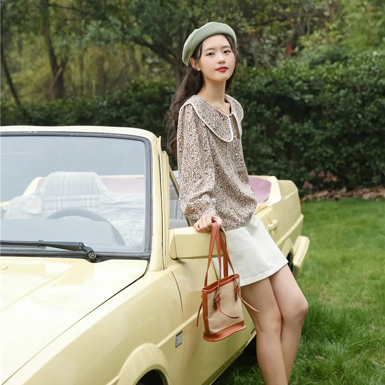 

Korejepo Women Shirt 2021 Autumn New Korean Chic Retro Sweet Floral Doll Collar Long-sleeved Puff Sleeve Gentle Style Female Top