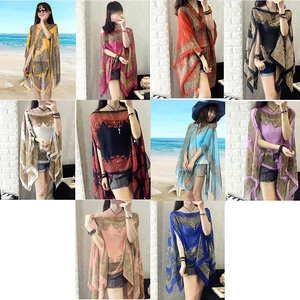 Солнцезащитная одежда, женское длинное тонкое пальто, шифоновая рубашка с длинными рукавами, Женская шаль, пончо с принтом, чехол