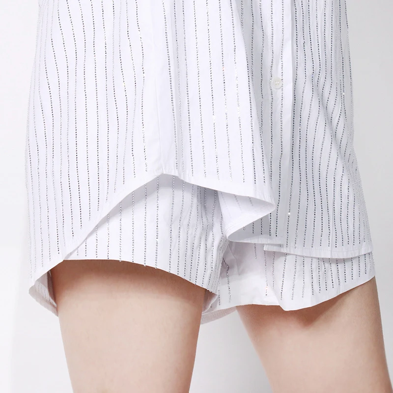 

TWOTWINSTYLE Loose Striped Two Piece Set For Women Lapel Long Sleeve Shirt Wide Leg Shorts Casual Sets Female Fashion New Style